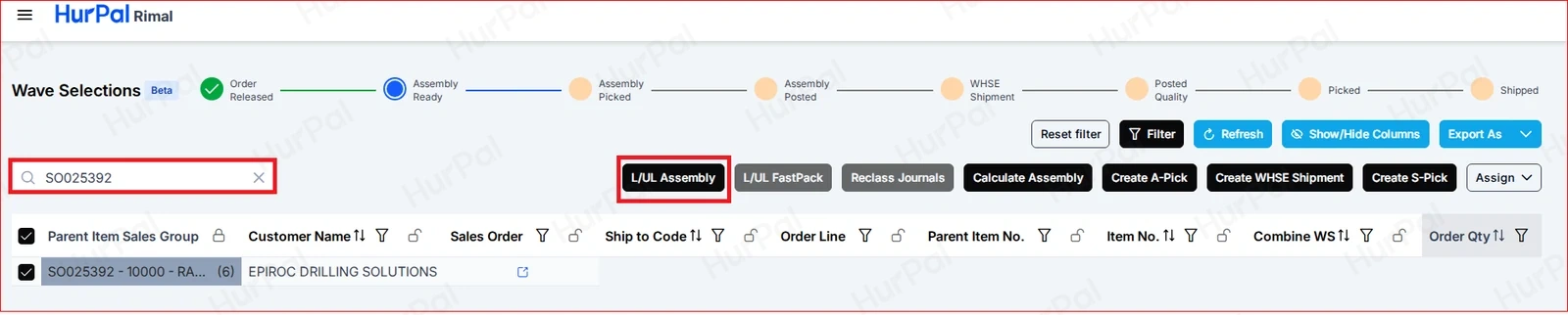 Wave Selections with the sales order searched and L/UL Assembly highlighted