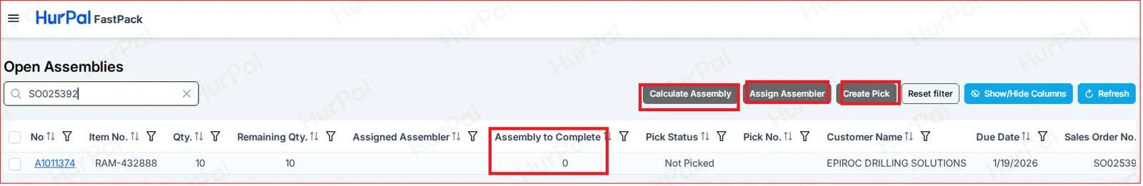 Open Assemblies page showing Assembly to Complete, Calculate Assembly, Assign Assembler and Create Pick