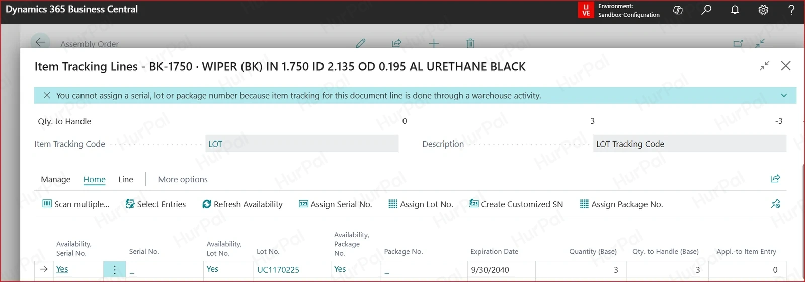 Item Tracking Lines on an assembly component with the lot number assigned