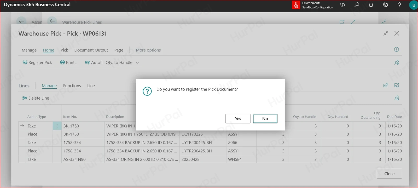 Warehouse Pick with the “Do you want to register the Pick Document?” confirmation
