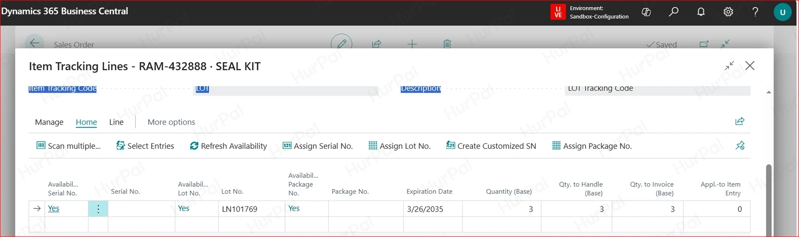 Item Tracking Lines on the sales order showing the assembled item’s lot