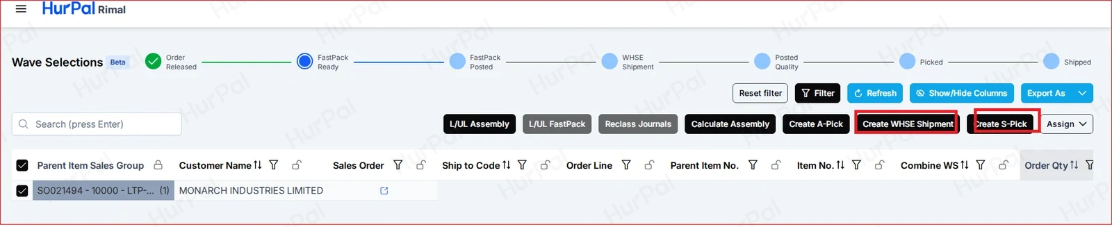Wave Selections with Create WHSE Shipment and Create S-Pick highlighted