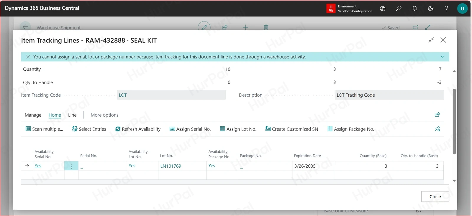 Item Tracking Lines on the warehouse line with the lot assigned