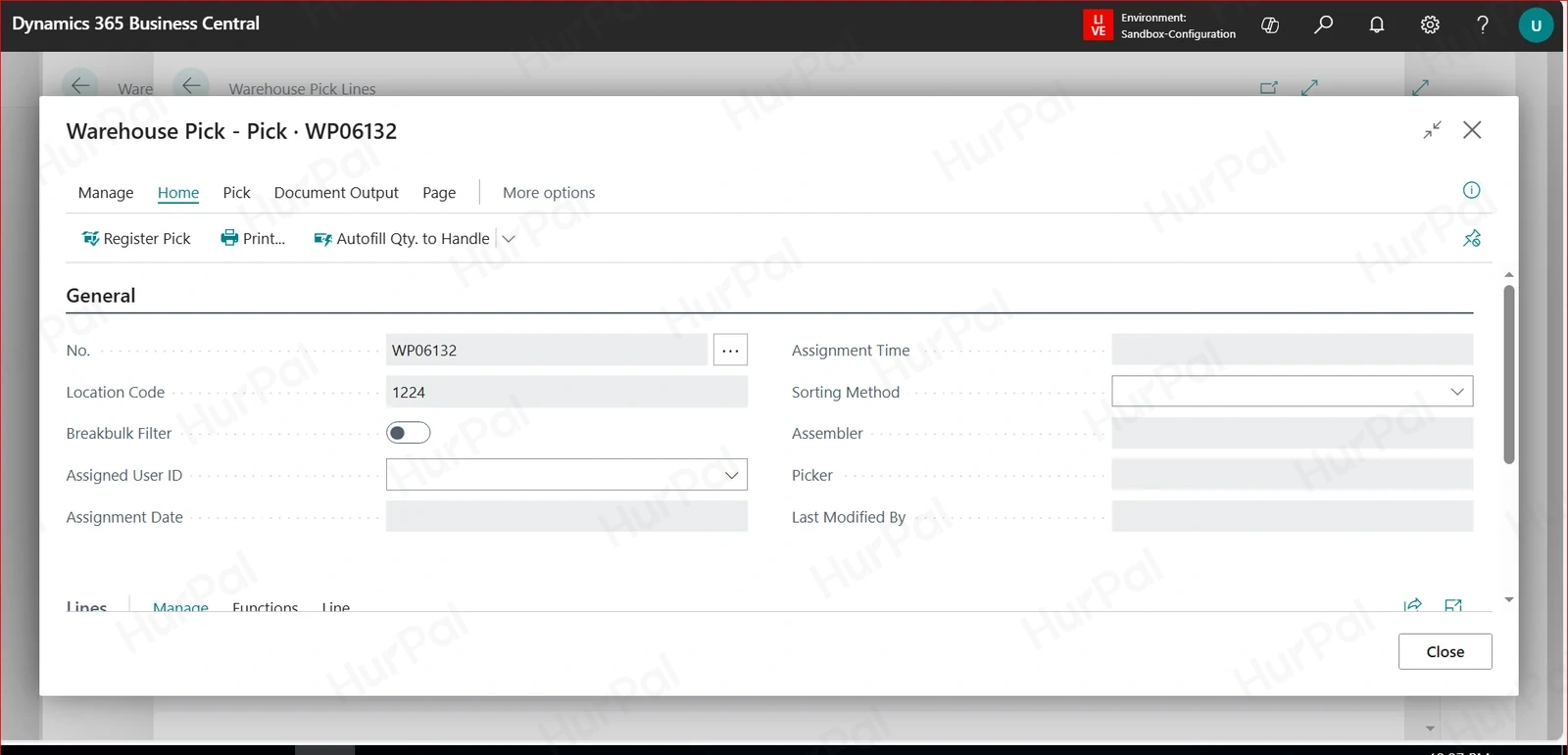 Warehouse Pick page in Business Central with Register Pick available
