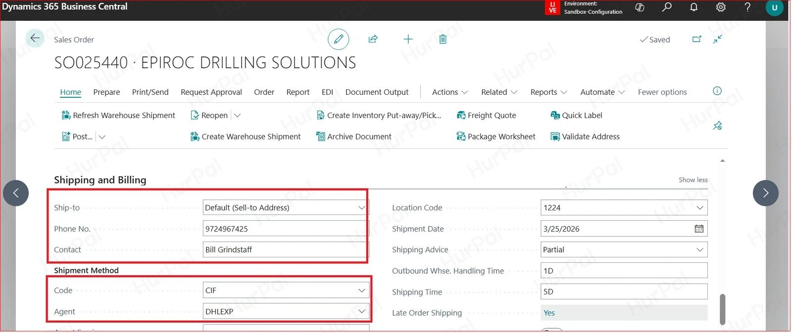 First sales order: ship-to, shipment method code and agent highlighted