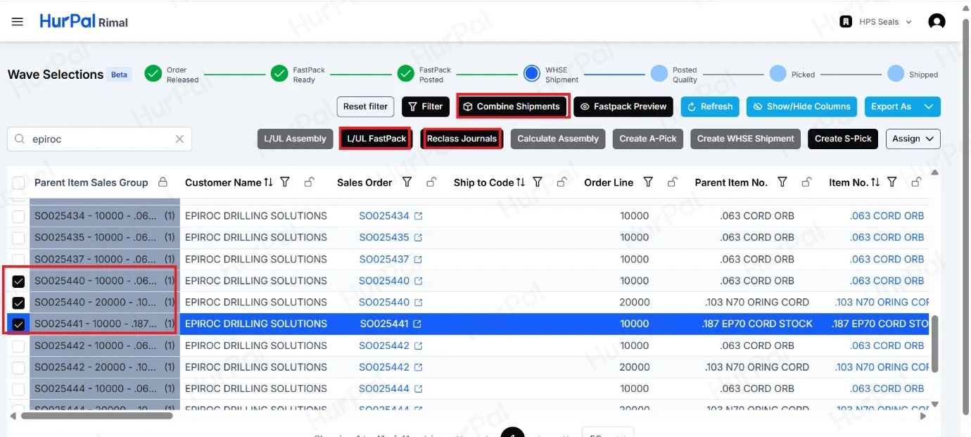 Wave Selections with Combine Shipments, L/UL FastPack and Reclass Journals highlighted, and the order lines selected