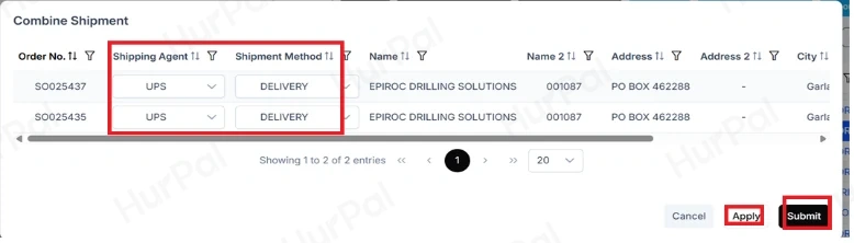Combine Shipment window with Shipping Agent, Shipment Method, Apply and Submit highlighted