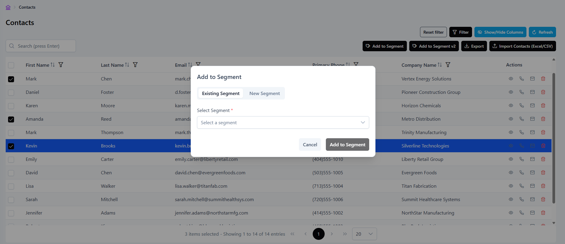 Selecting contacts and adding them to a segment