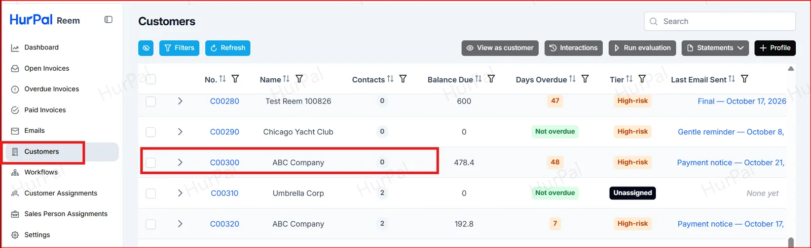 Customers list in Reem with the new customer highlighted