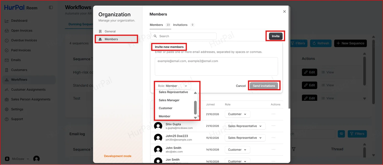 Invite new members window with the Invite and Send invitations buttons highlighted
