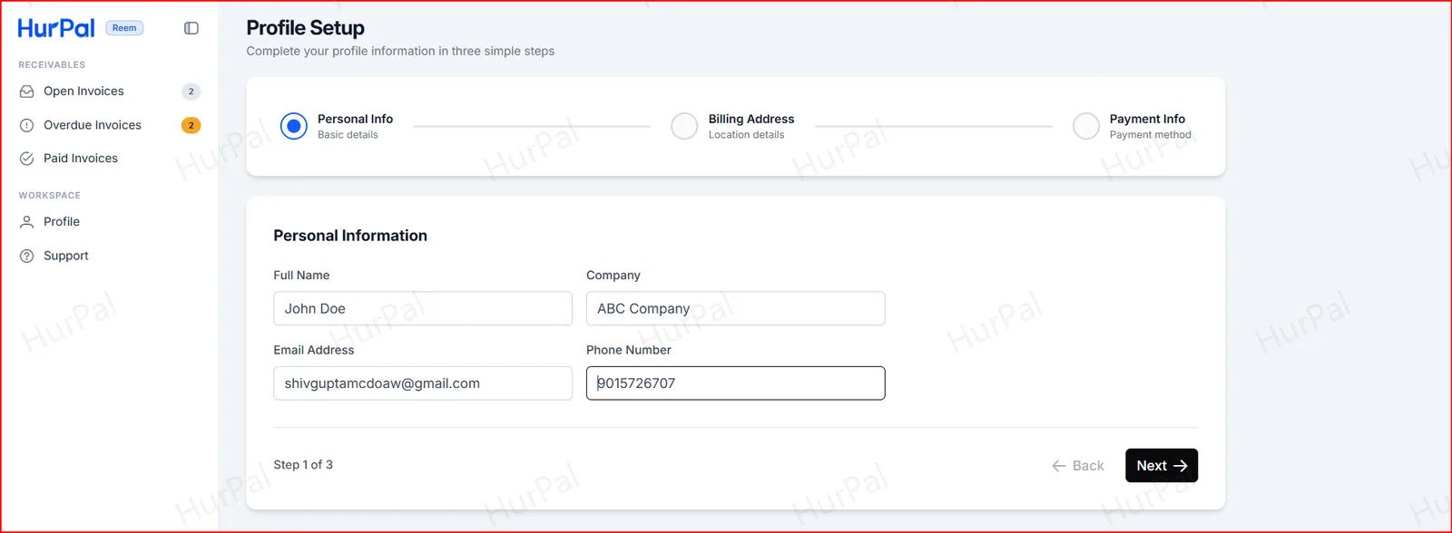 Profile Setup step 1 of 3 showing Personal Information