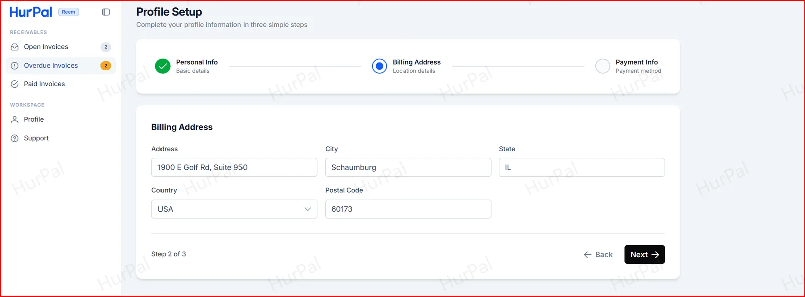 Profile Setup step 2 of 3 showing Billing Address
