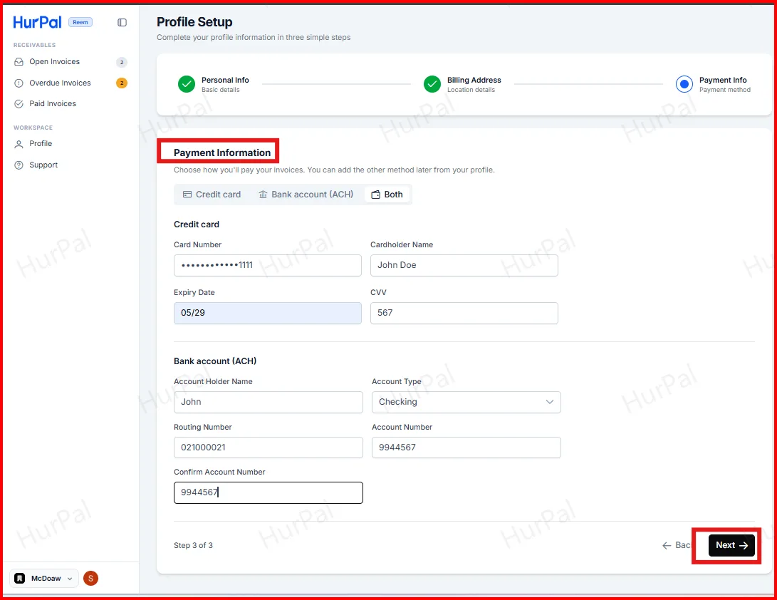 Profile Setup step 3 of 3 with Payment Information and Next highlighted