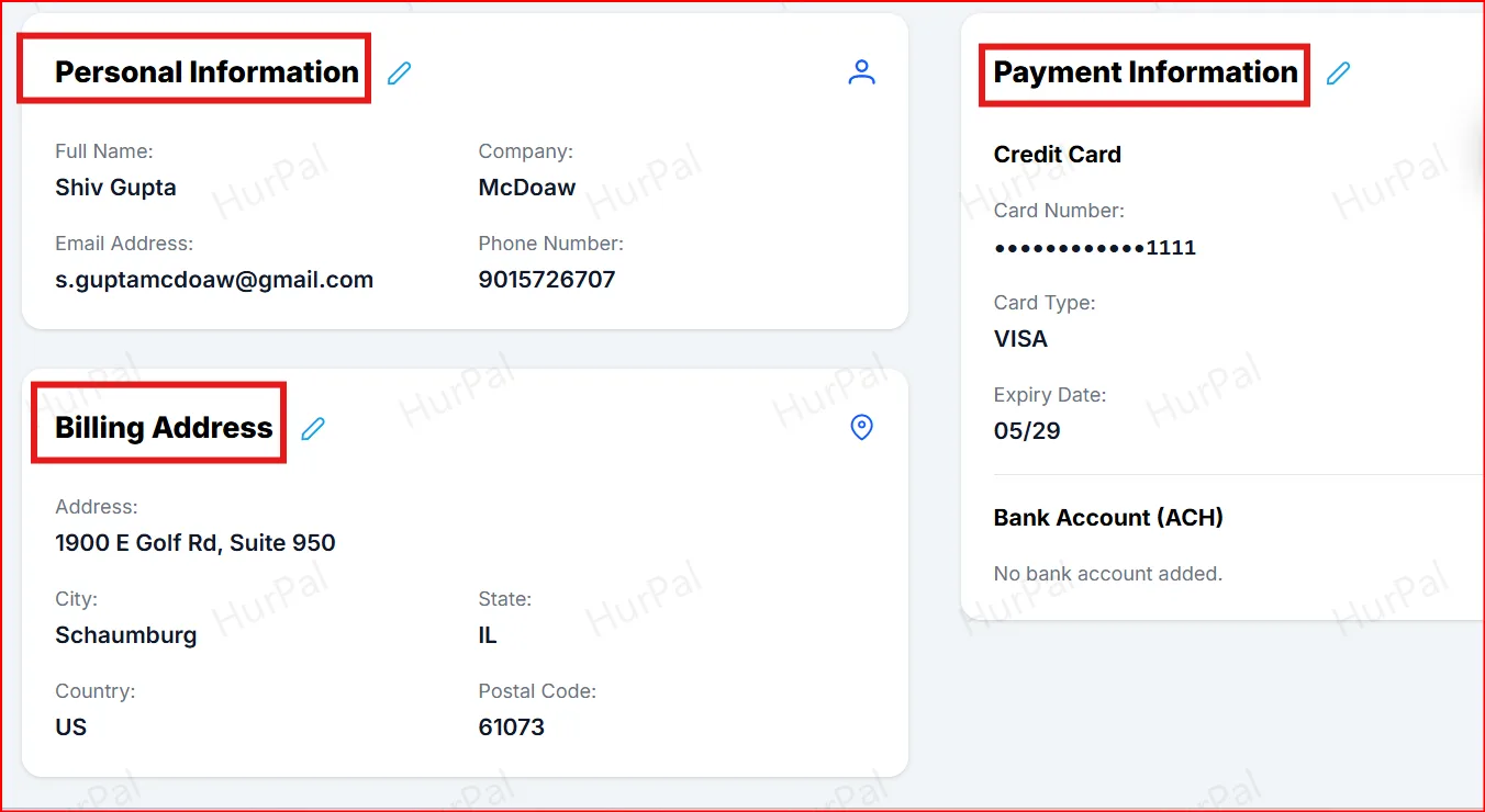 Profile page with Personal Information, Billing Address and Payment Information highlighted