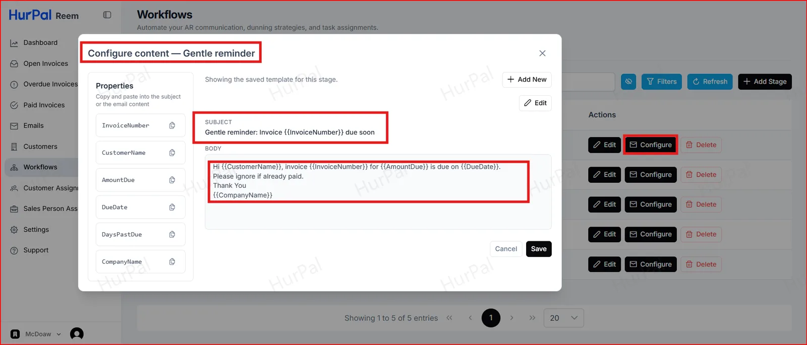 Configure content window for the Gentle reminder stage with the subject and body highlighted