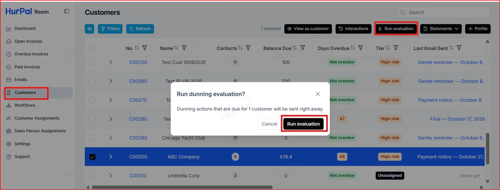 Customers page with Run evaluation and the confirmation window