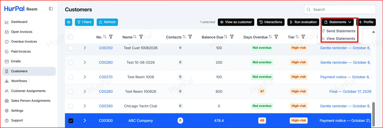 Statements menu with Send Statements and View Statements highlighted