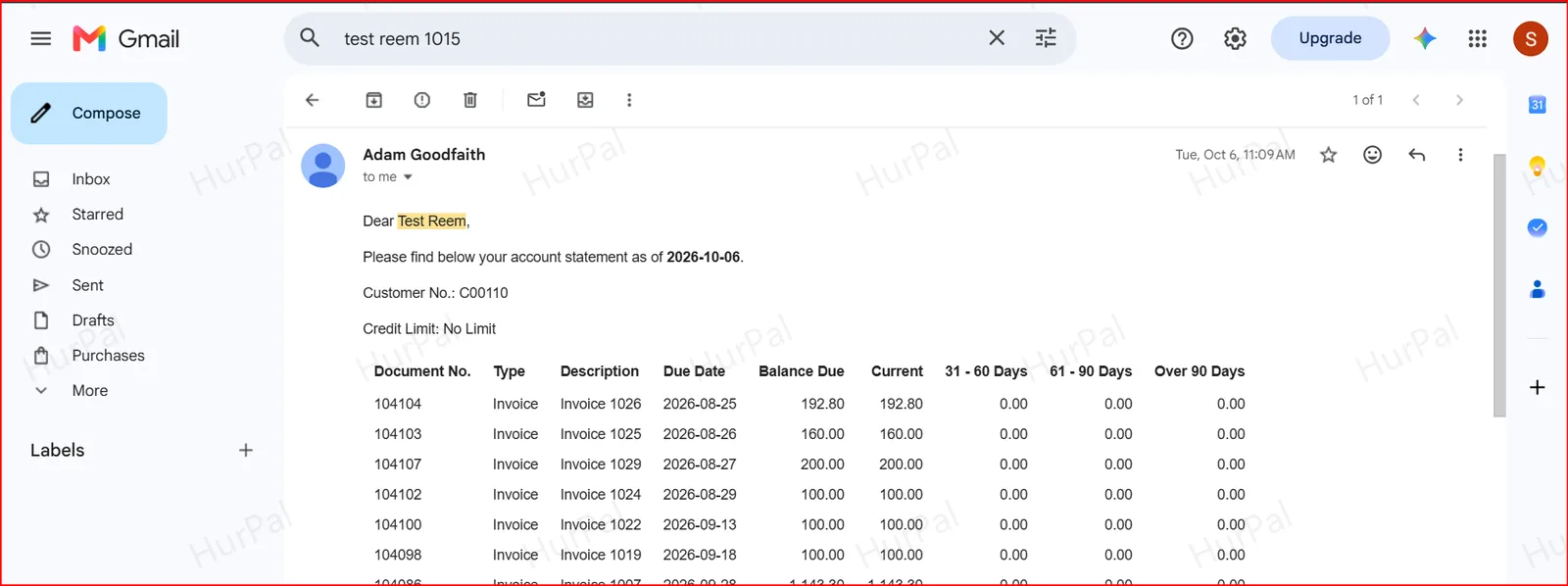 Statement email in the customer’s inbox showing invoices and balances