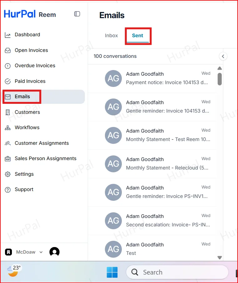 Emails page with the Sent tab highlighted