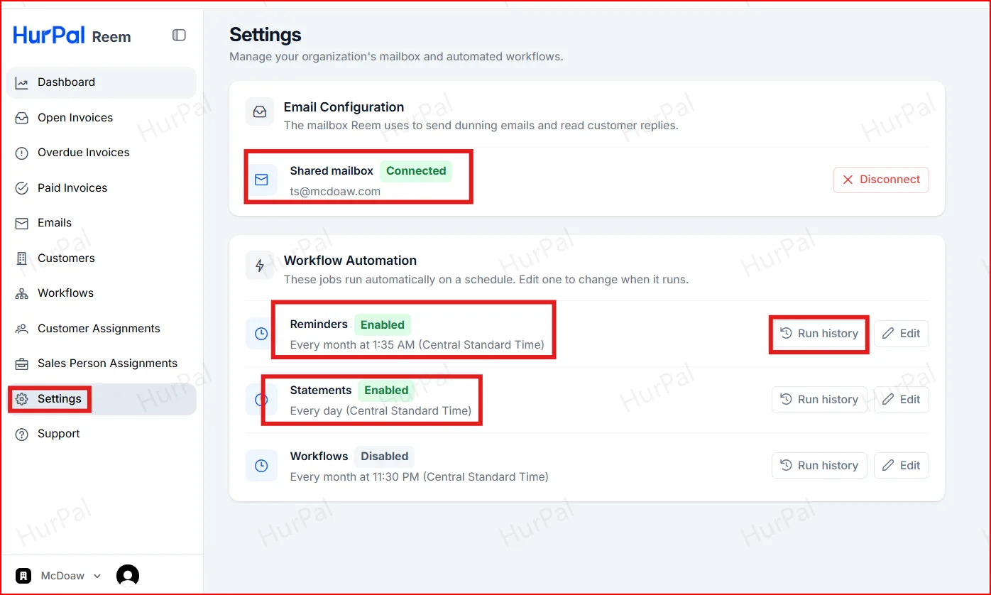 Settings page with the shared mailbox and the Reminders and Statements schedules highlighted