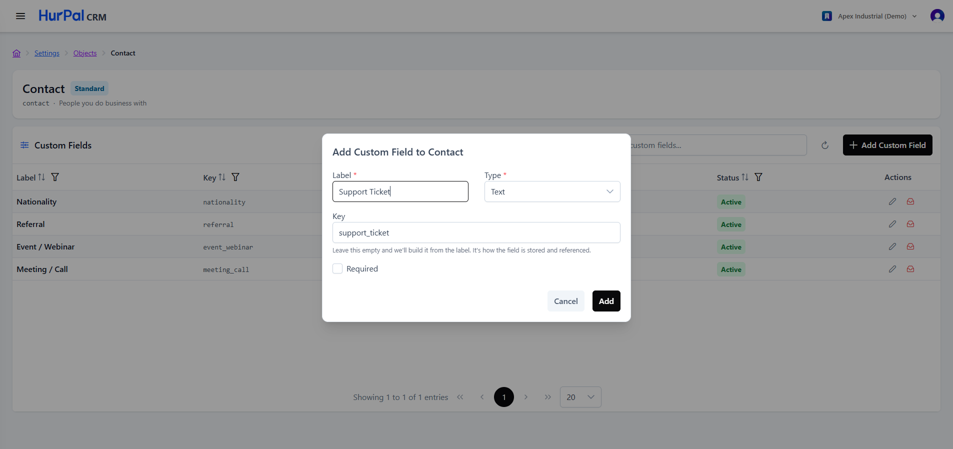 Add Custom Field dialog