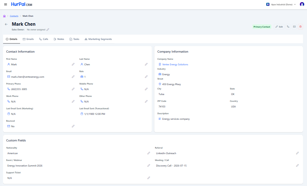Custom Fields section on a contact's detail page