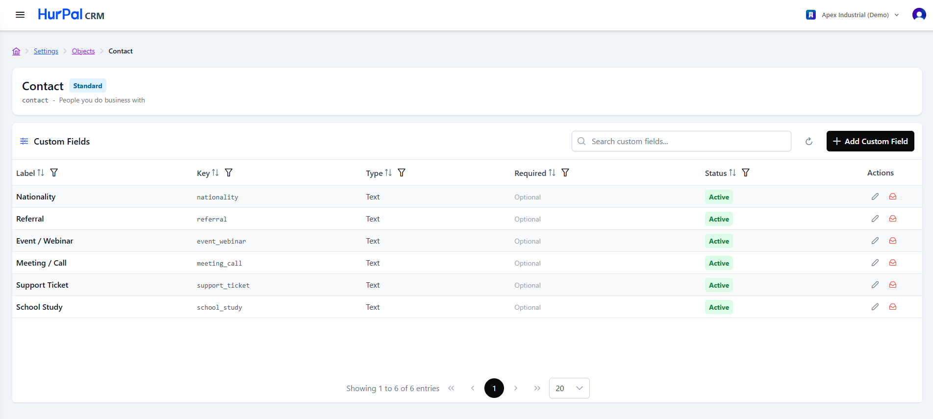 Object detail page with the custom fields table