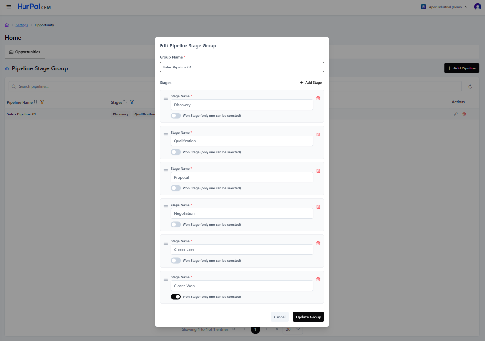 Edit Pipeline Stage Group dialog