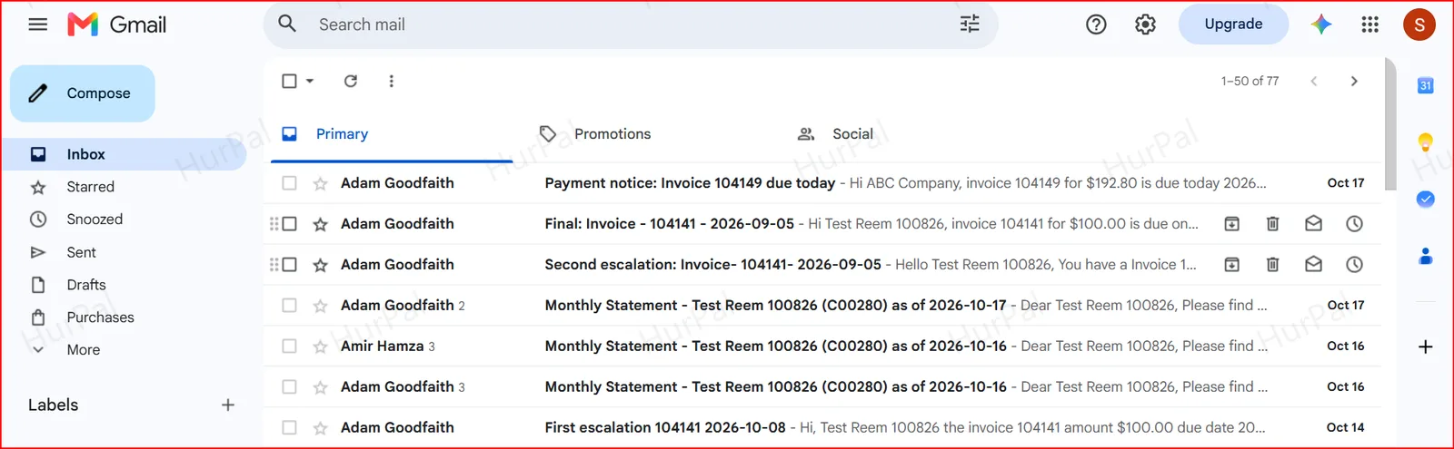 Customer inbox showing payment notice emails