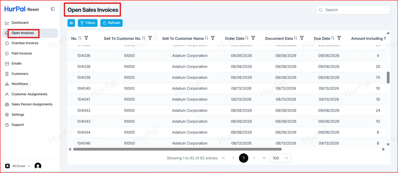 Open Invoices page listing outstanding invoices