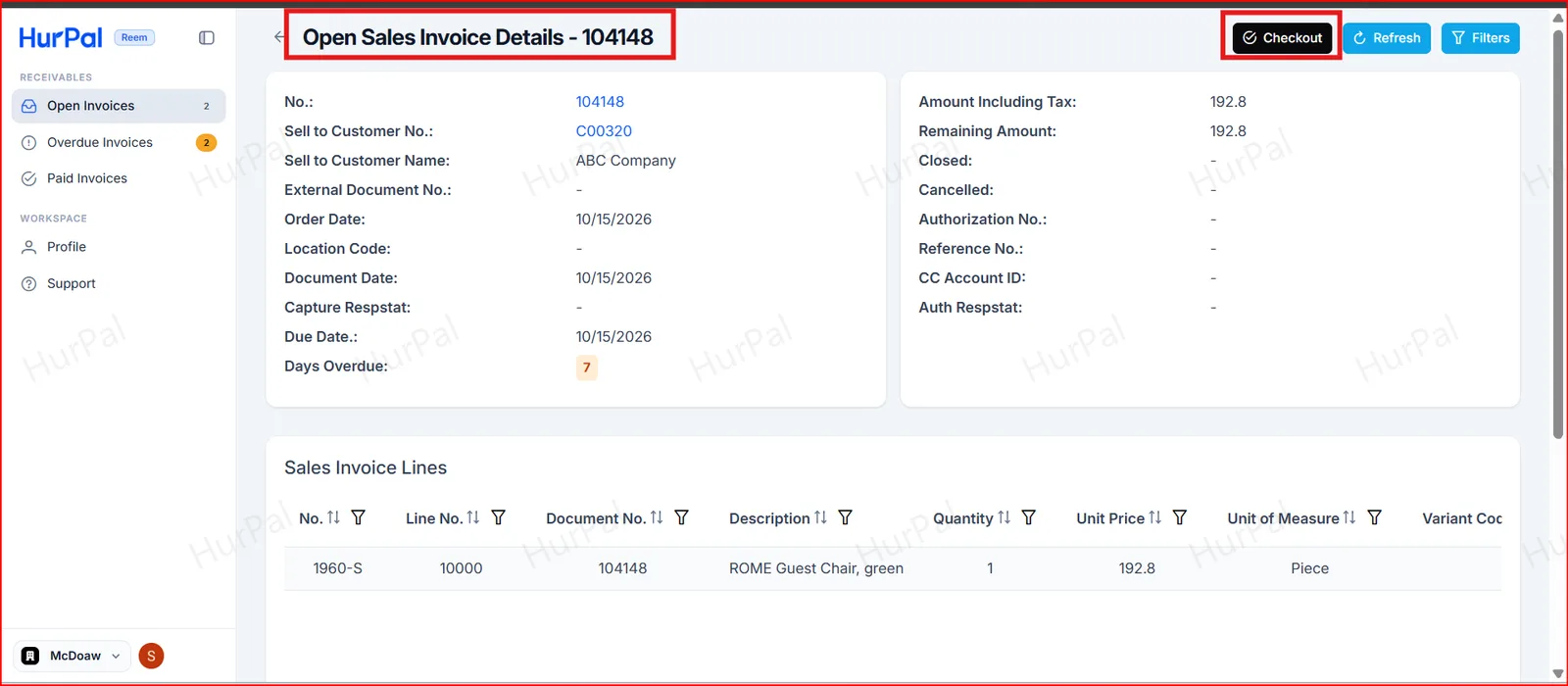 Open Sales Invoice Details with the Checkout button highlighted
