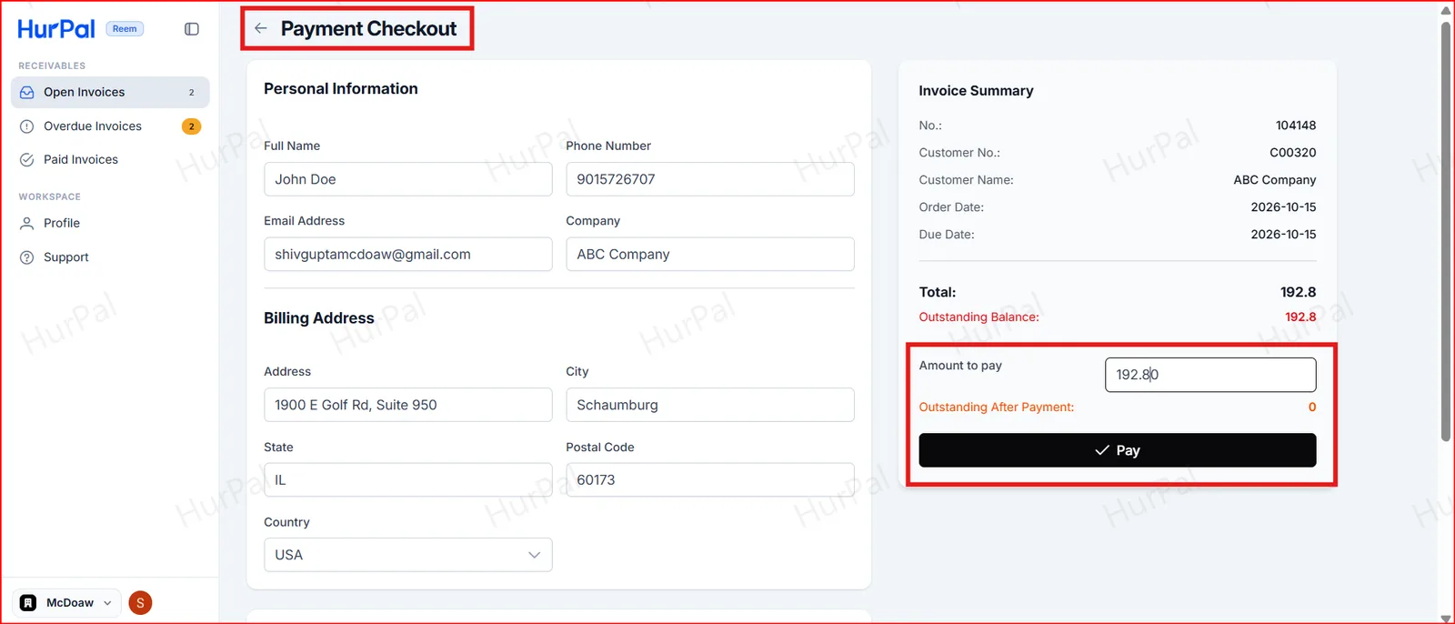 Payment Checkout page with Amount to pay and the Pay button highlighted