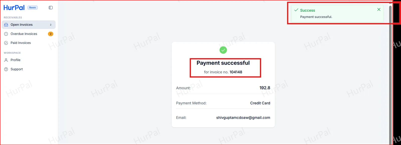 Payment successful confirmation with the invoice number highlighted