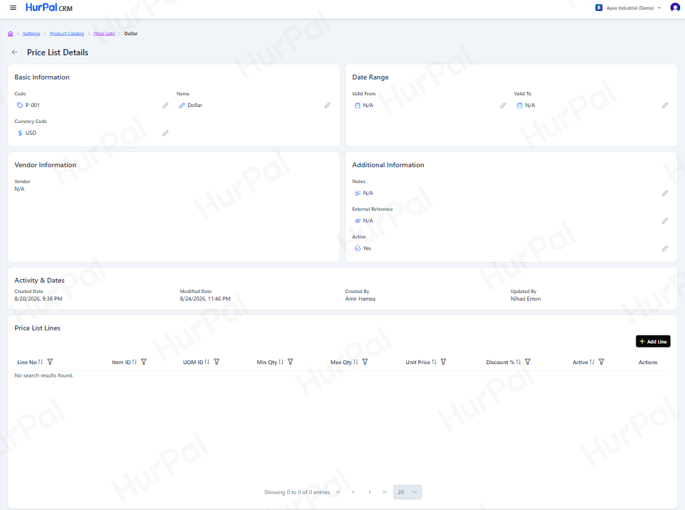 Price List detail page