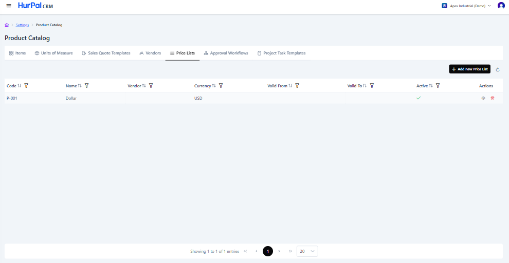 Price Lists tab