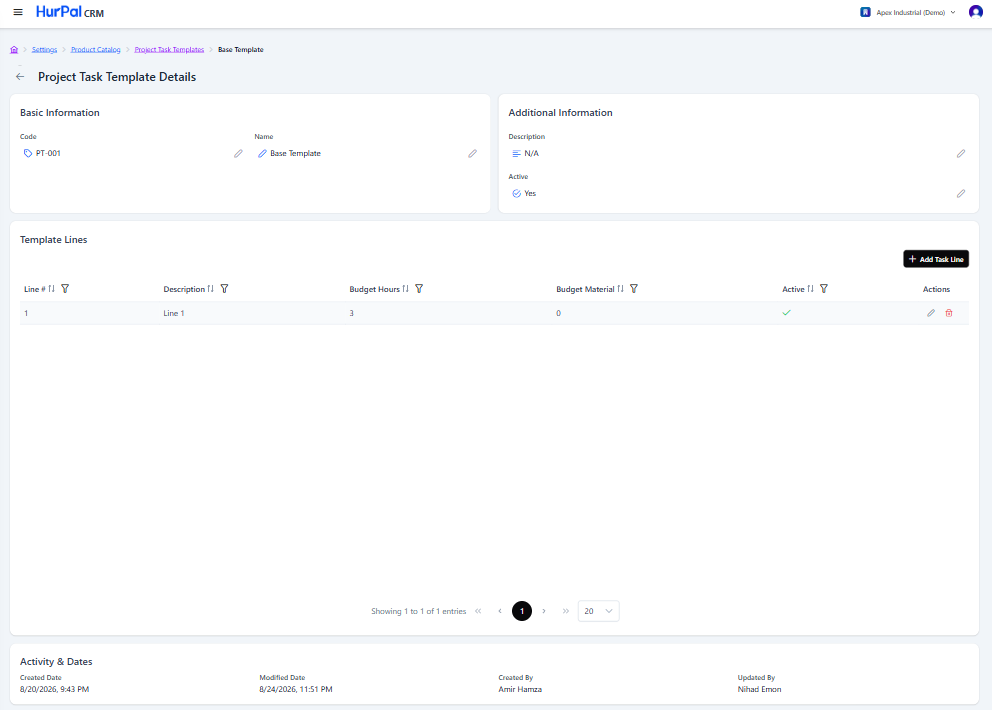 Project Task Template detail page