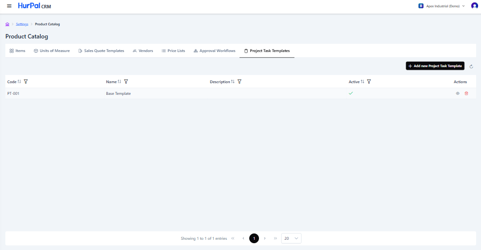 Project Task Templates tab