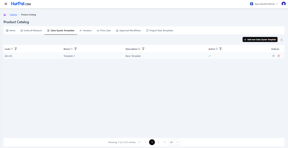 Sales Quote Templates tab