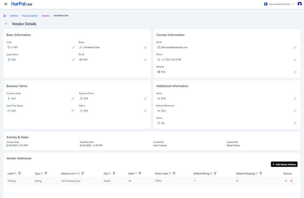 Vendor detail page
