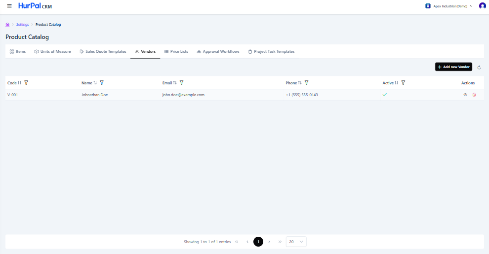 Vendors tab