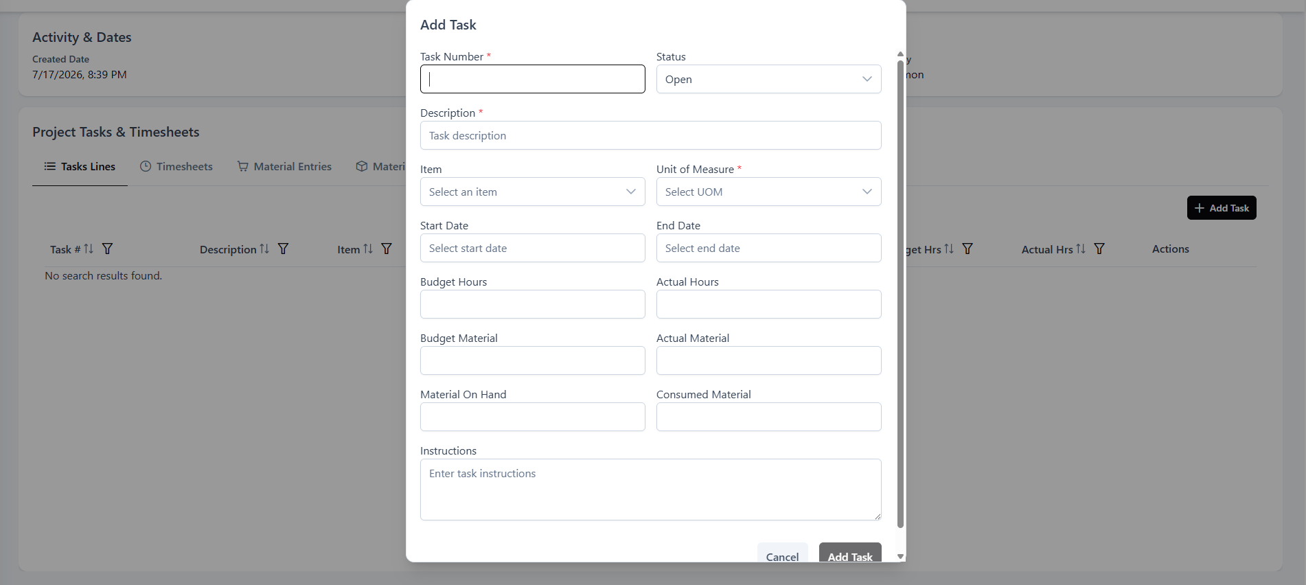 Adding a project task