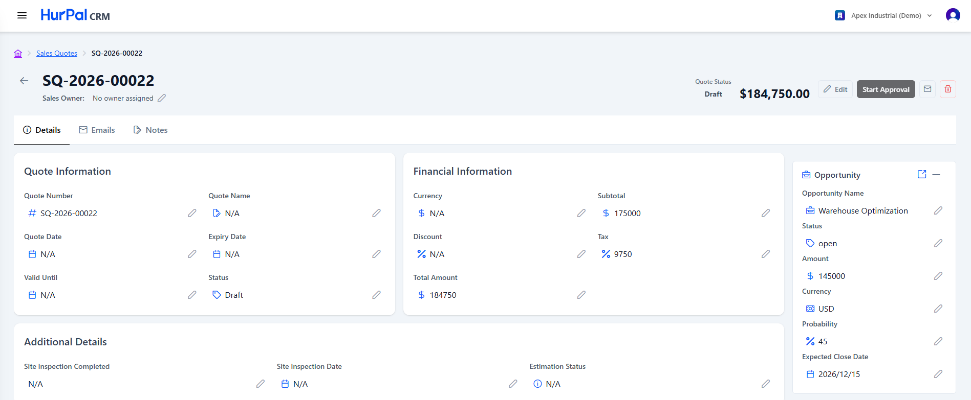 Sales quote detail page