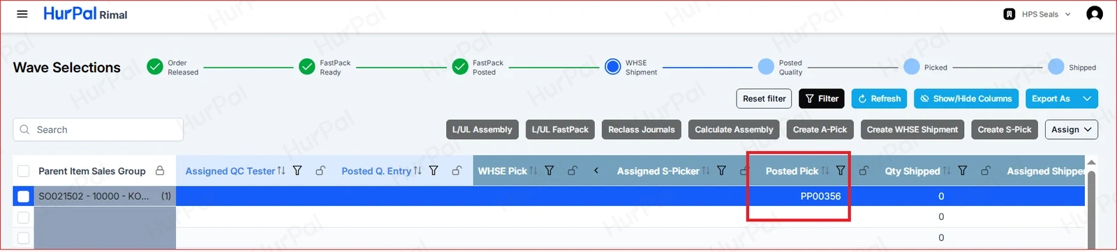 Wave Selections with the Posted Pick number highlighted