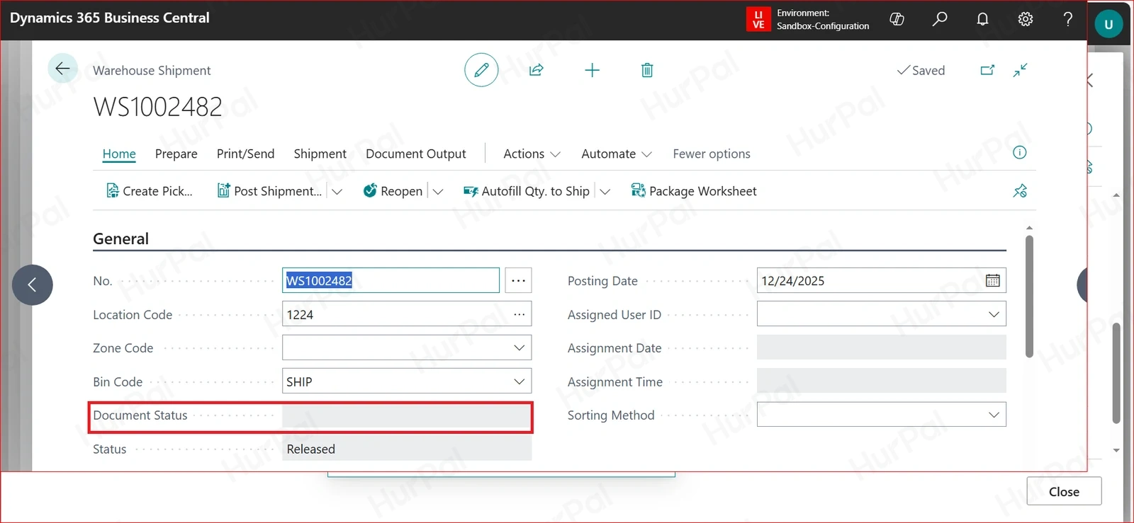 Warehouse Shipment with the Document Status field highlighted