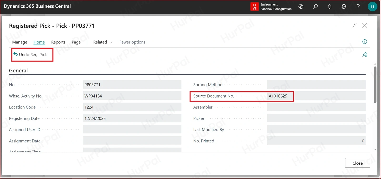 Registered assembly pick with Undo Reg. Pick and the assembly Source Document No. highlighted