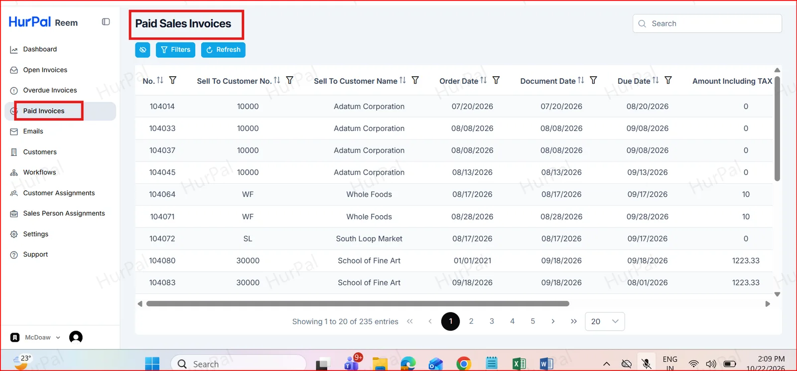 Paid Invoices page showing the completed payment
