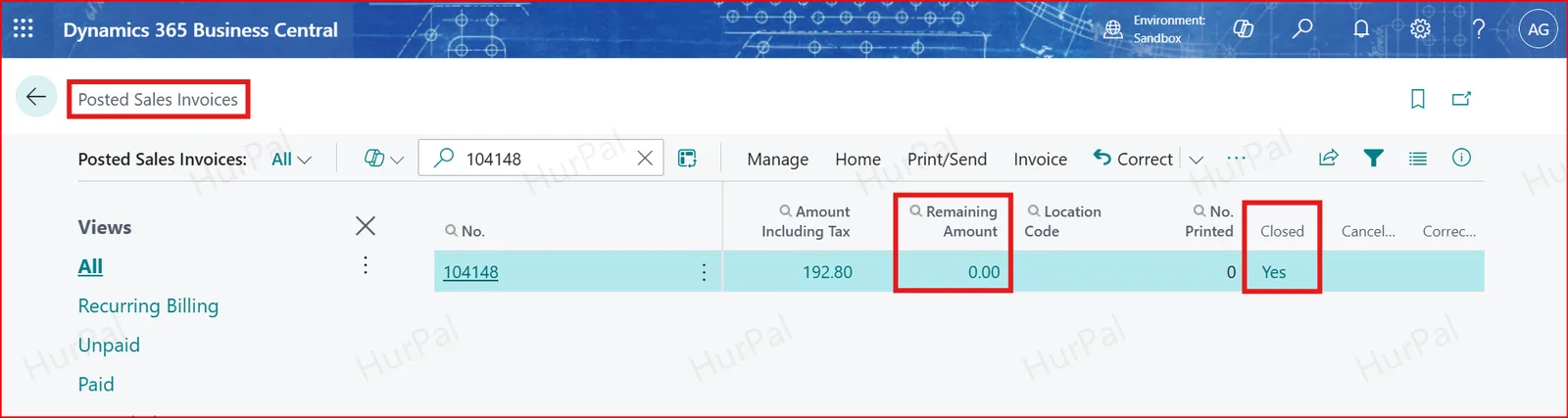 Posted Sales Invoices with Remaining Amount and Closed highlighted