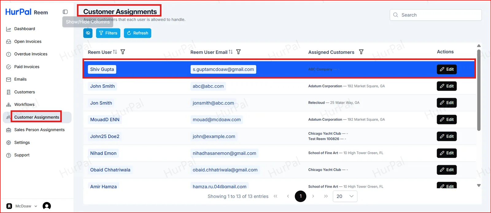 Customer Assignments page with the Customer Assignments menu item and the user row highlighted