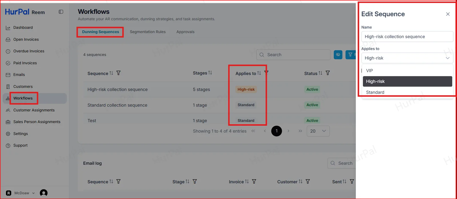 Workflows page with Dunning Sequences and Applies to highlighted, and the Edit Sequence panel open