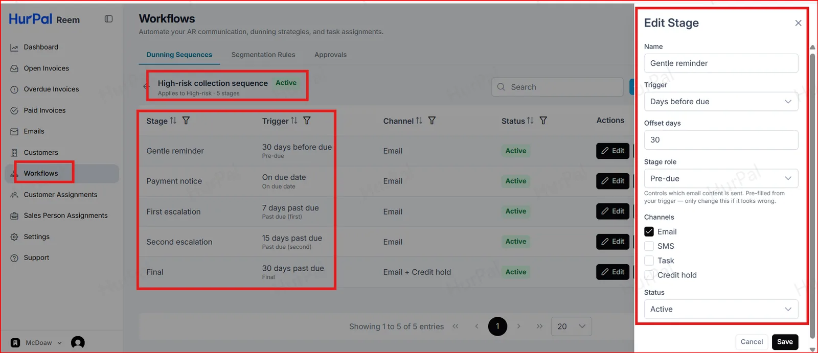 Workflow stages for the High-risk sequence with the Edit Stage panel open